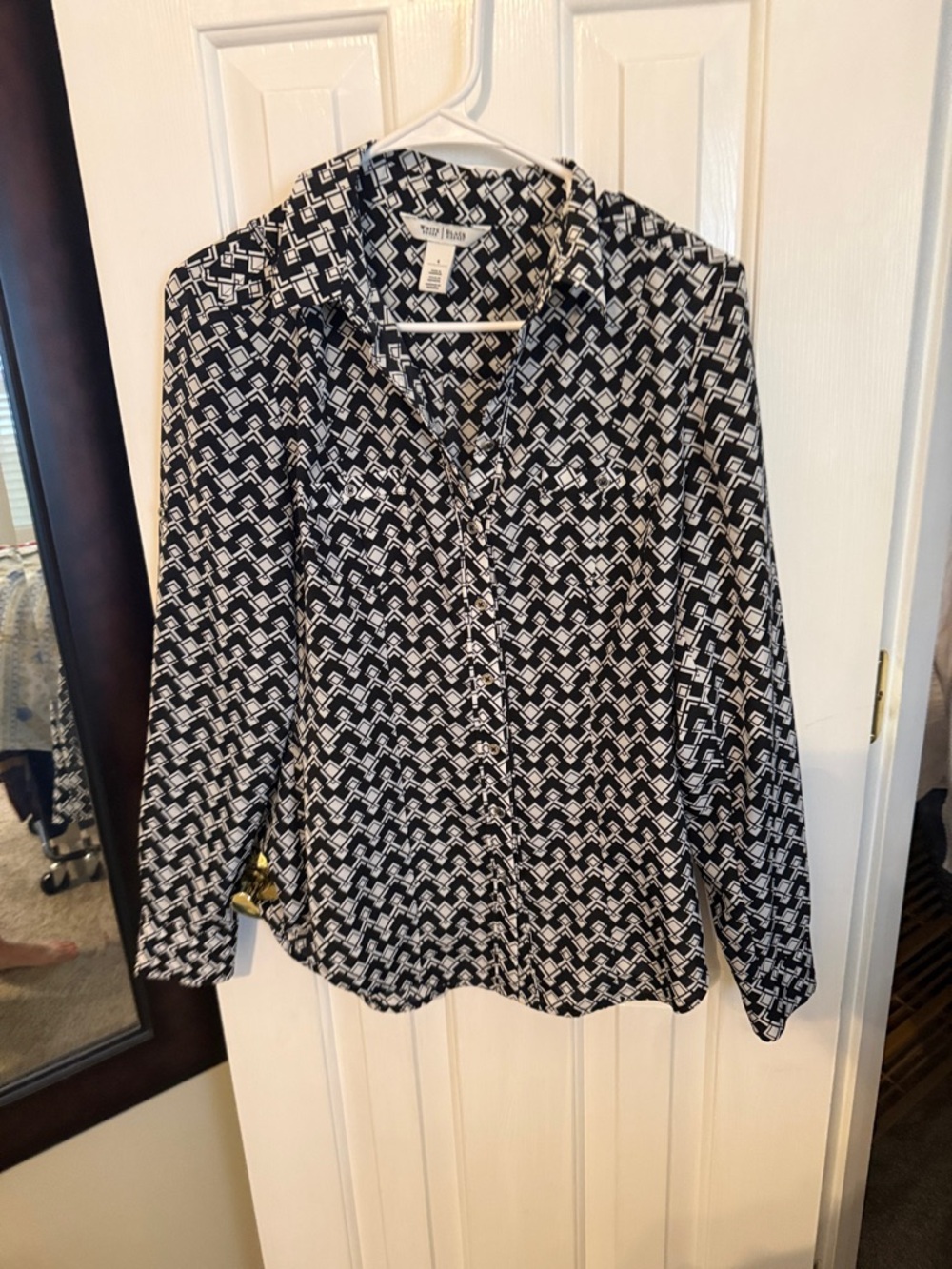 White House Black Market Black and White Geometric Button-Down Blouse